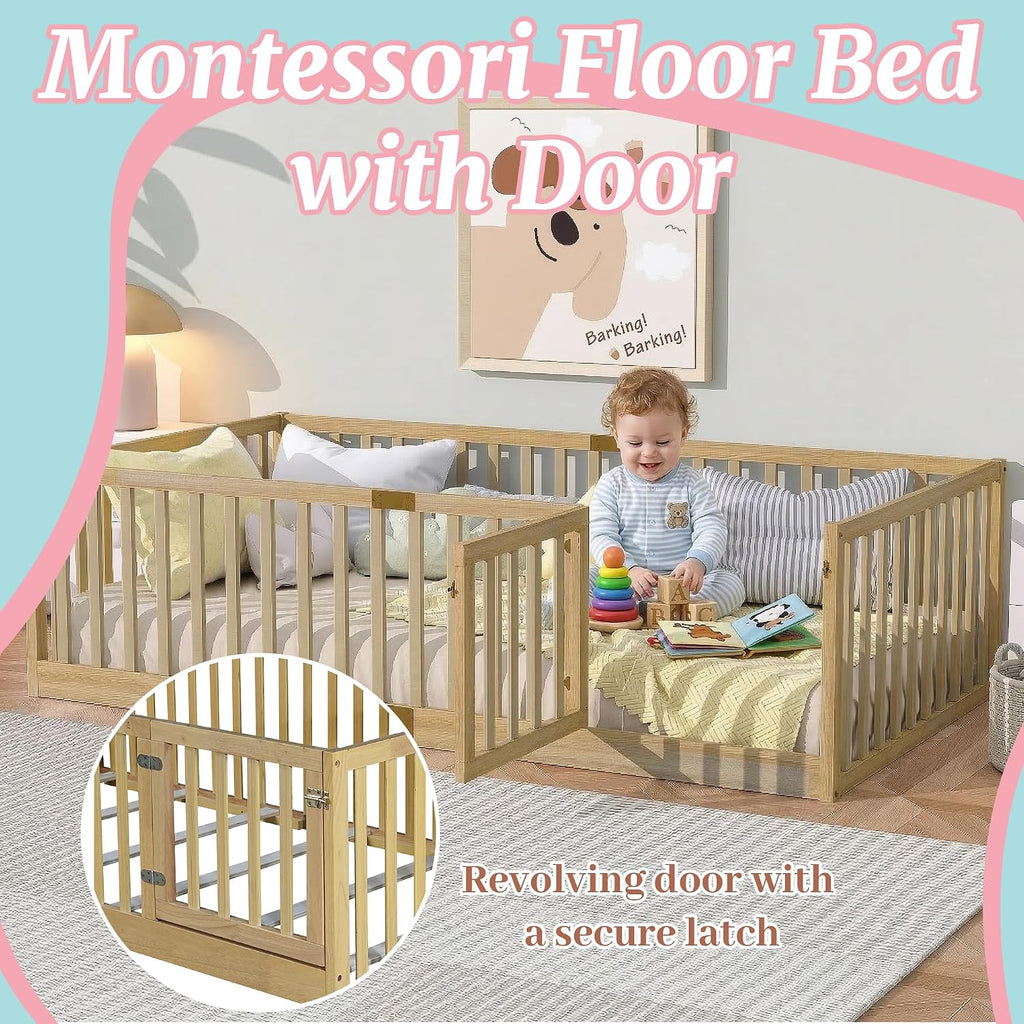 Twin Montessori Floor Bed Frame with High Rails and Door, Wood Twin Floor Bed with Slats, Low Profile Kids Bed Frame
