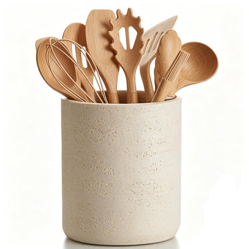 Rustic Beige Stone-Look Utensil Crock Counter - 6" x 7" Heavy Resin Holder with Non-Slip Base, Organizes Wooden