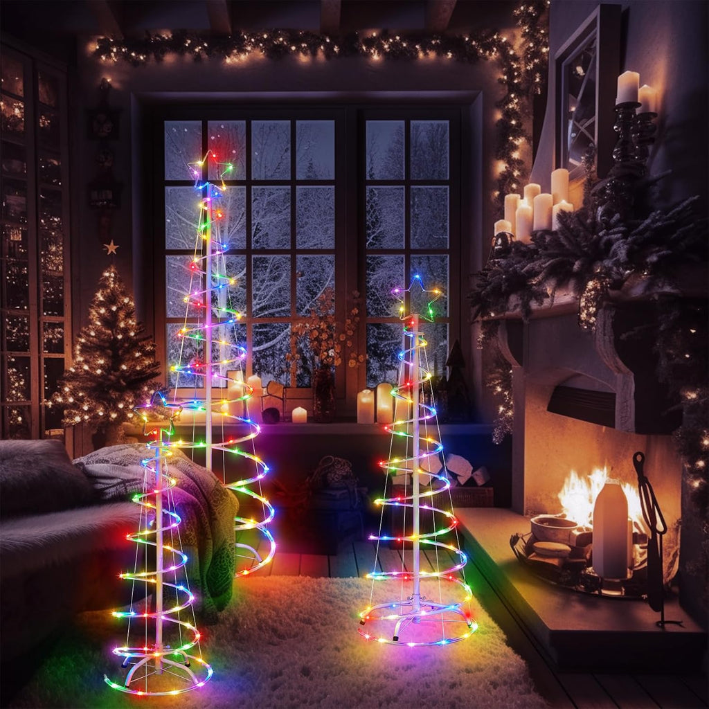 3 Packs Christmas Spiral Tree with Lights, 3/4/5 FT Lighted Xmas Collapsible Tree with Metal Stakes for Indoor &