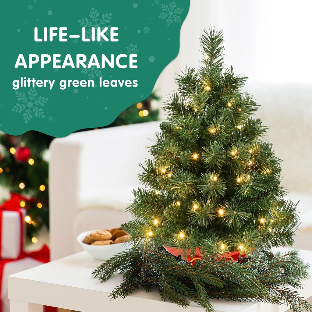 Pre-lit 2ft Small Christmas Tree, Artificial mini Christmas Tree with 50 LED Lights, Battery Operated Tabletop Xmas