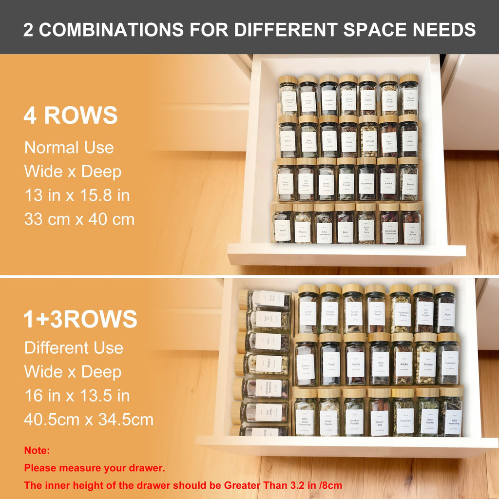 Spice Drawer Organizer with 28 Bamboo-lidded Spice Jars and 216 Labels,Non-slip Rubber, Bamboo 4 Tier Spice Racks