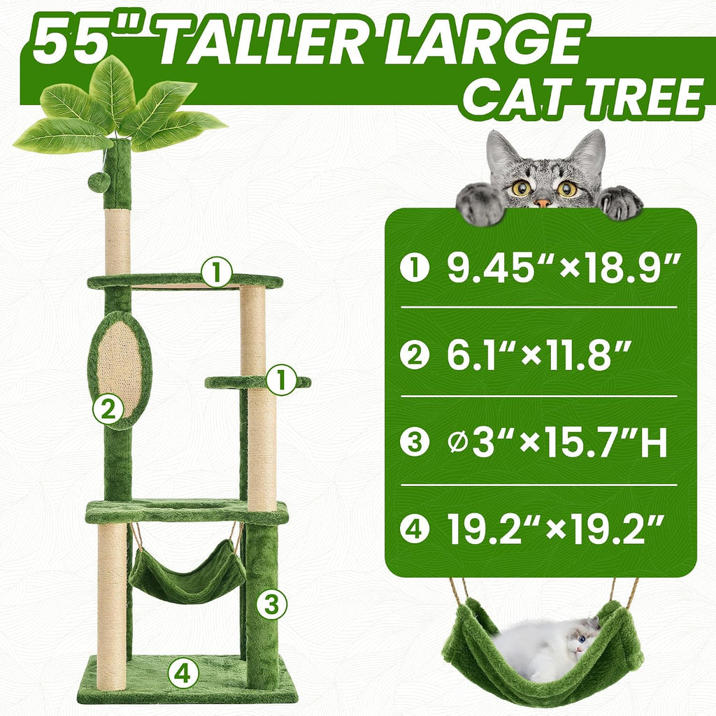 55 Inch Large Cat Tree Tower for Indoor Cats with Hammock Green Leaves Sisal Scratching Post, Plush Hang Ball Play