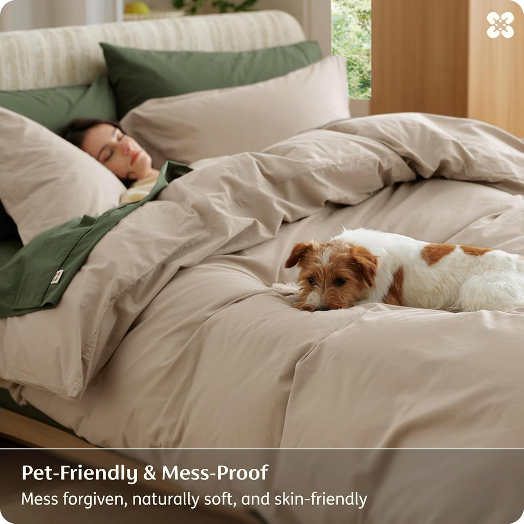 100% Washed Cotton Duvet Cover Queen - Frosted Almond Minimalist Bedding Set Linen Like - PureWoven Plain Simple &