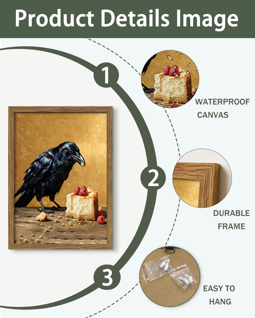 Framed Crow Halloween Wall Art, Funny Raven Wall Decor Painting Picture, Vintage Bird Dessert Canvas Print Poster