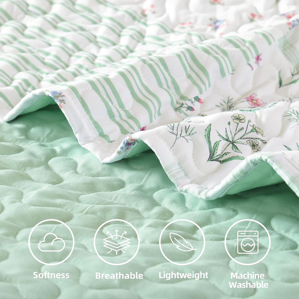 Floral Quilt Set Queen - Ultra Soft Lightweight Bedspread, 3 Piece Green Bedding Set (90"x90") with Pillowcases