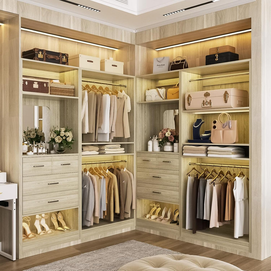 61" Closet System, Heavy Duty Wood Closet Organizer with 2 Hanging Rods, Walk-in Wardrobe Garment Rack with