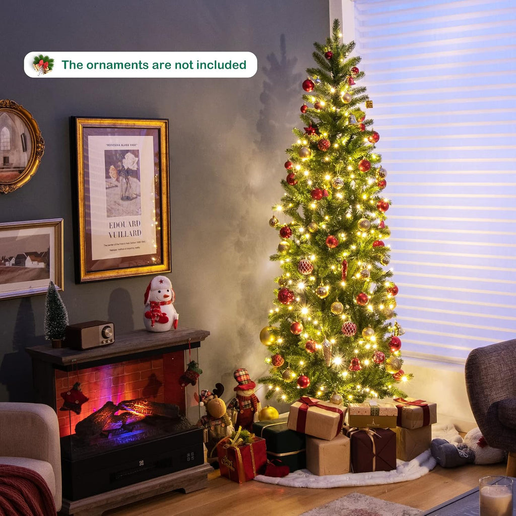 Pre-Lit Pencil Christmas Tree, Hinged Artificial Slim Tree with 648 PVC PE Branch Tips, 270 LED Lights, Life-Like