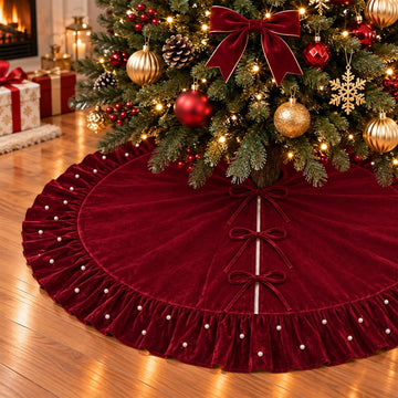 Christmas Velvet Tree Skirt 60 Inch, Wine Red Burgundy Xmas Tree Skirt with Pearl Beaded Ruffle Trim and 3 Bow Ties