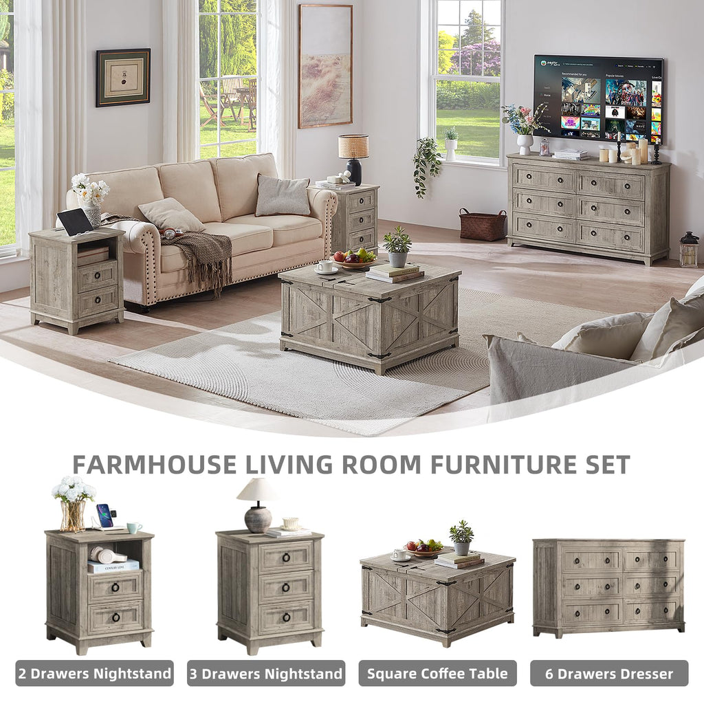 Farmhouse Coffee Table with Hidden Storage Organizer, Modern Square Large Center Table, Wood Farm House Low Rustic