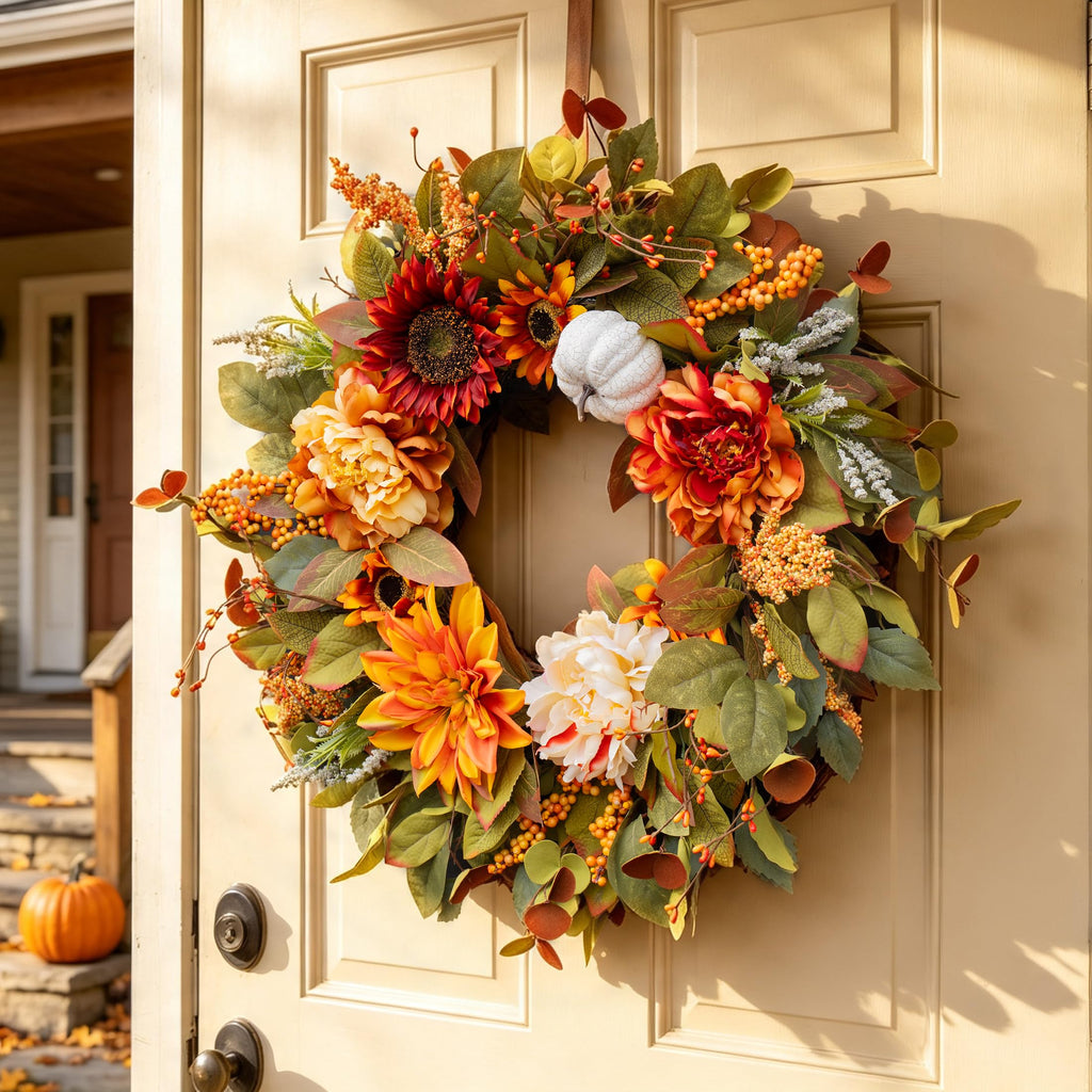 24 Inch Fall Wreaths for Front Door, Farmhouse Autumn Harvest Wreath
