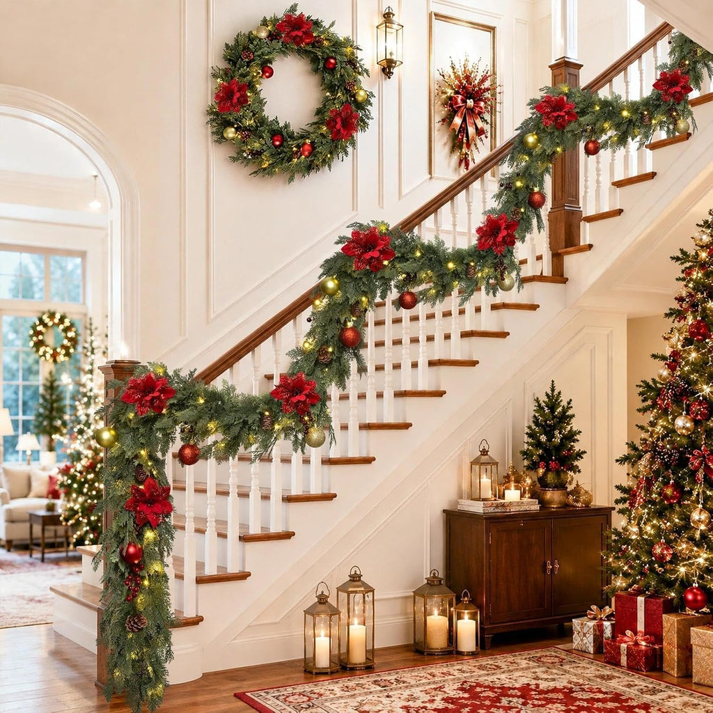 Christmas Garland 9FT Decorations Cedar Cypress Garland with Berry Pine Cone Poinsettia Balls Artificial Green