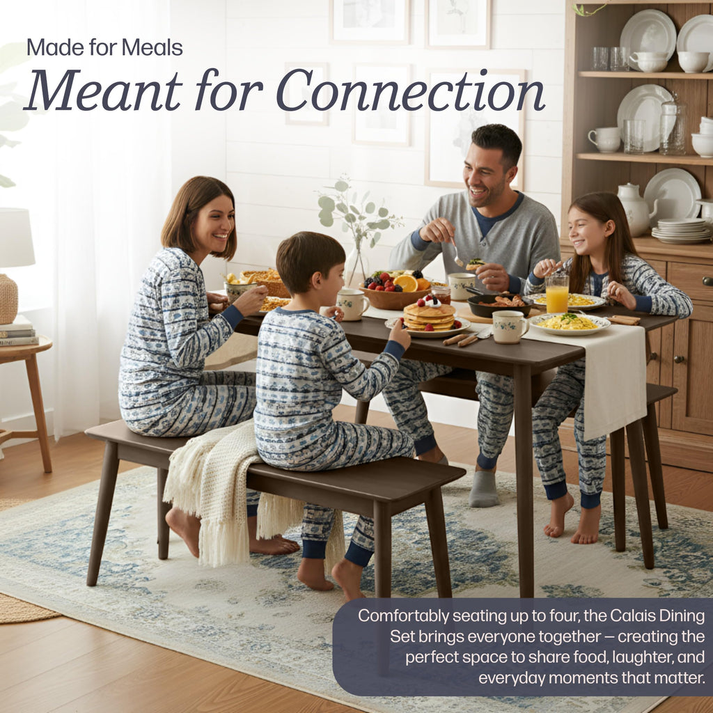 Calais Wooden Dining Table Set for 4 with Benches, Warm Walnut