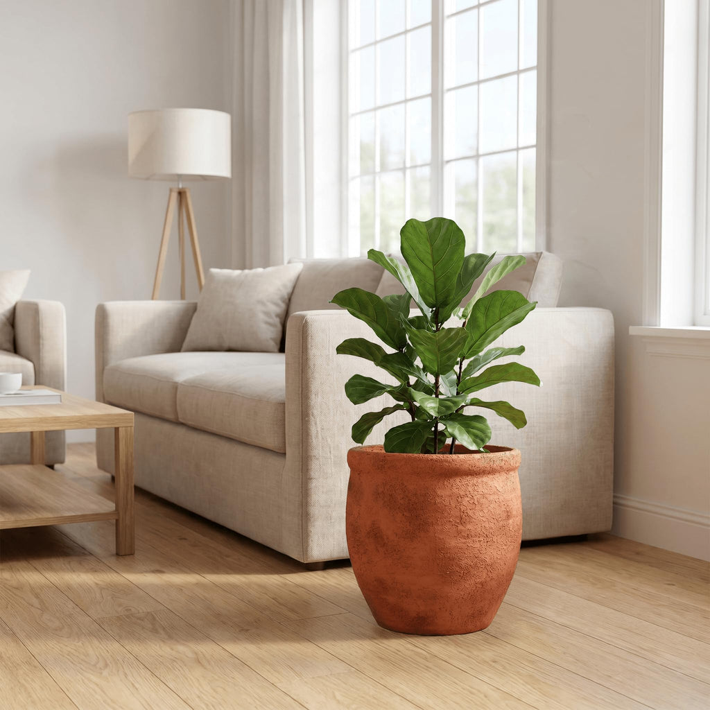 12" Dia Fiberstone Planter - Distressed Terracotta Flower Pot with Textured Matte Finish & Drainage Hole, Rustic