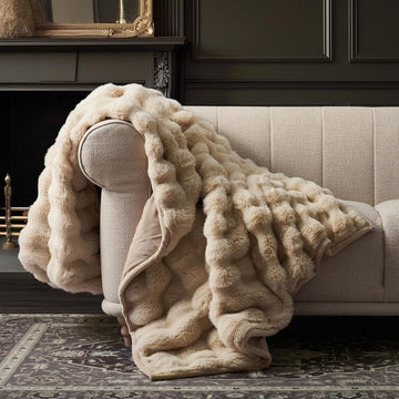 Faux Rabbit Fur Bubble Throw Blanket, 60"x80", Cream | Ultra Soft, Luxury Faux Rabbit Fur Throw, Thick Warm Bubble