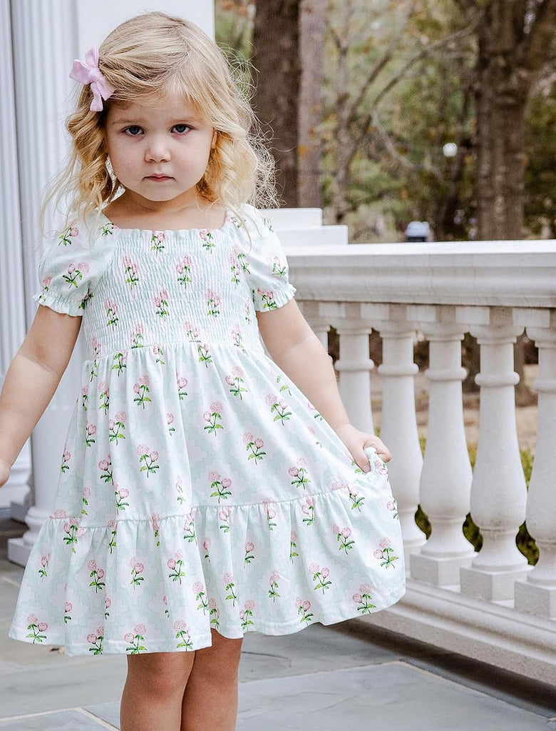 Toddler Baby Girls Summer Floral Dress Kids Puff Sleeve Square Neck Smocked Flowy Sun Dresses