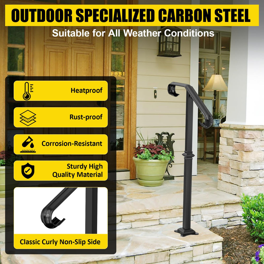 Single Step Handrail, 1 or 2 Steps Hand Rails for Outdoor Steps, Rust-Proof Wrought Iron Stair Railing for Seniors