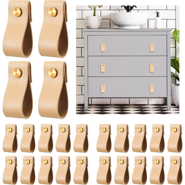 24 Pack Leather Drawer Pulls, Cabinet Handle with Screws, Light Brown