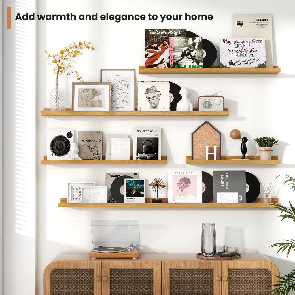 Picture Ledge Shelves Set of 2, 48 Inch Rustic Wall Mounted Floating Shelves with Lip Storage and Décor, Oak