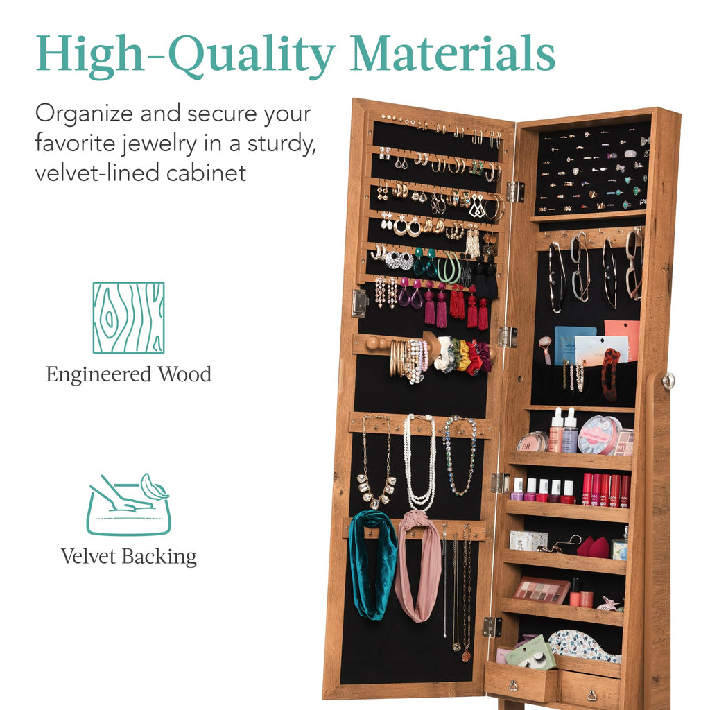 Freestanding Jewelry Armoire Cabinet, Full Length Standing Mirror, Lockable Makeup Storage Organizer, w/Velvet