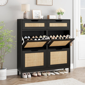 Rattan Shoe Cabinet with 4 Flip Drawers and 2 Drawers, Narrow Freestanding Shoe Storage Cabinet with Metal Legs