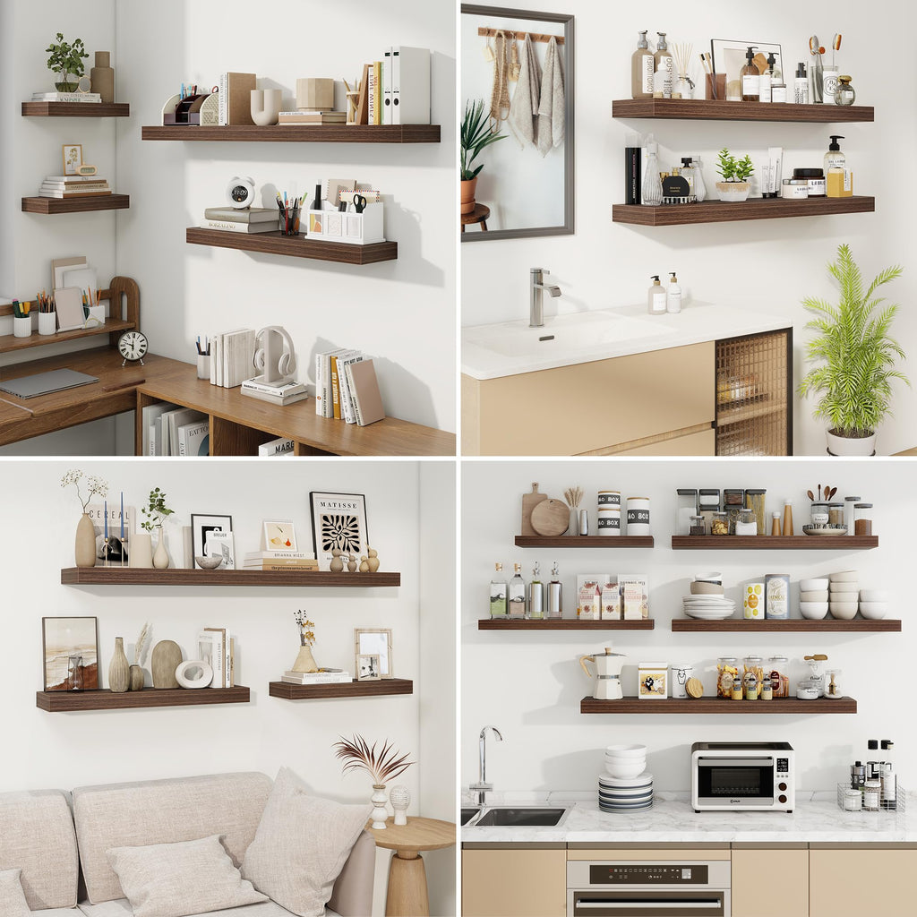 Floating Shelves for Wall, Wall Mounted Wood Shelves, Walnut, Set of 2, 24"