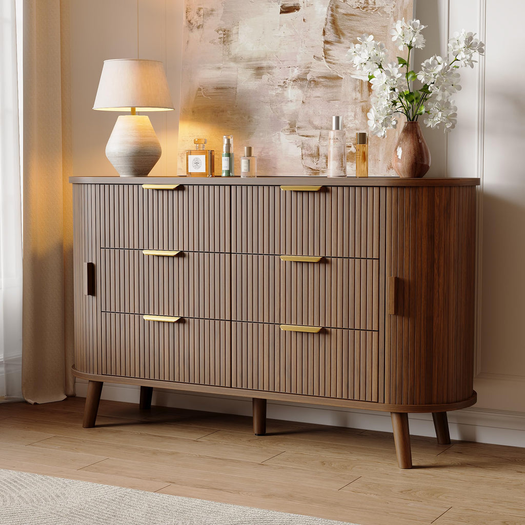 Fluted 6 Drawer Dresser, 55" Mid Century Modern Chest of Drawers