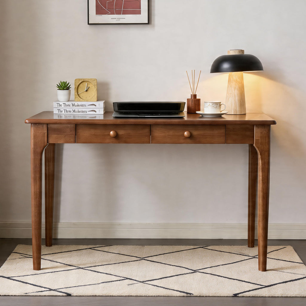 47" Walnut Solid Wood Desk with Drawers, Mid Century Modern Natural Real Wood Writing Desk, Home Bedroom Small Spaces
