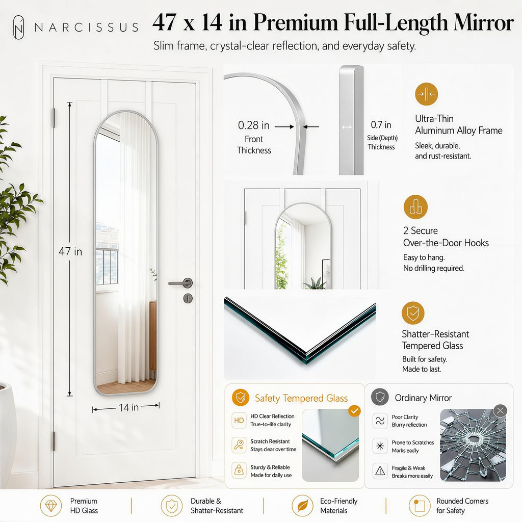 47x14 Over The Door Full Length Mirror or Wall Mounted Silver