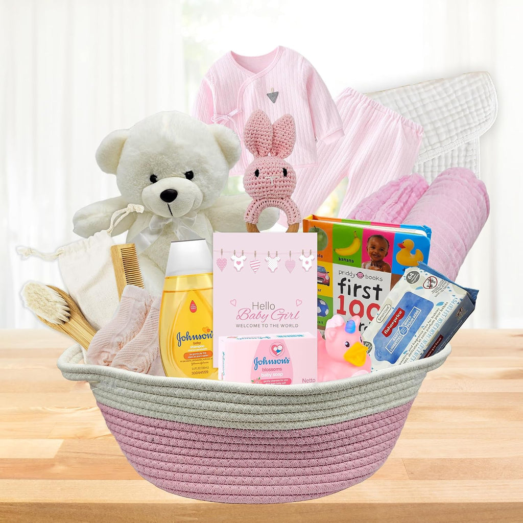 New Baby Girl Gift Basket | Unique Gift Set for a new mom Pink Baby Gift Set. Welcome Baby Care Package All w/Newborn