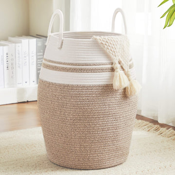 Extra Large Laundry Hamper Basket 105L Woven Blanket Basket, Brown & White