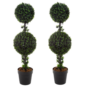 Set of 2 Topiary Trees - 36-Inch Double Ball Podocarpus Fake Plants - Realistic Indoor or Outdoor Potted Faux Plants