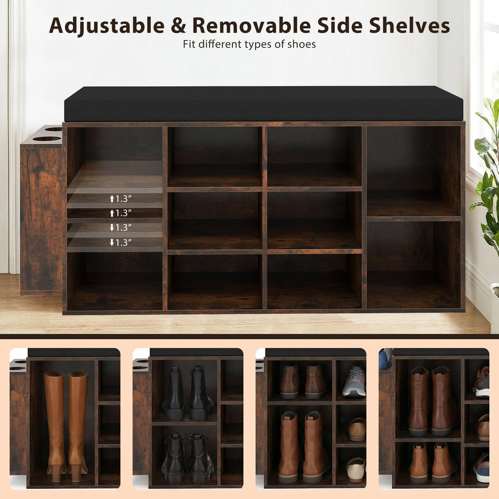 Shoe Storage Bench with Umbrella Holder, 40" Shoe Organizer with Cushioned Seat, 10 Cubbies & Adjustable Shelves