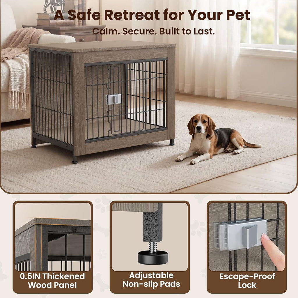 Wooden Dog Crate Furniture for Small to Medium Dogs, Greige