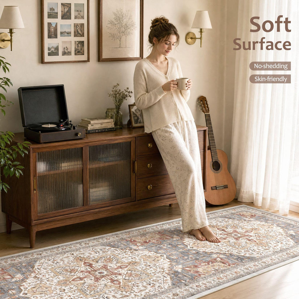 Area Rug 3x10 Runner Rugs - Washable Vintage Oriental Farmhouse Thin Indoor Carpet Bedroom Hallway Entryway Kitchen