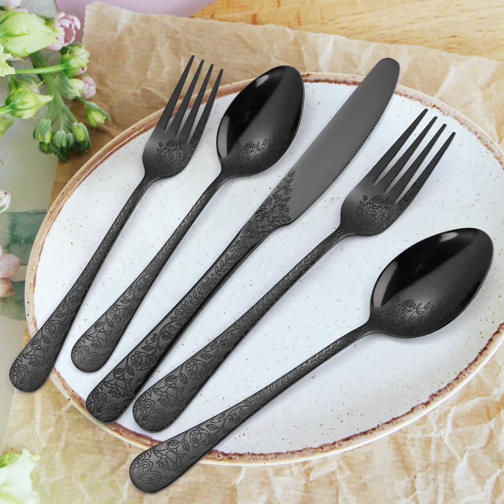 Floral Flatware Set Black for 6 Stainless Steel Silverware 30 Piece Cutlery Unique Eating Utensils Tableware Stylish
