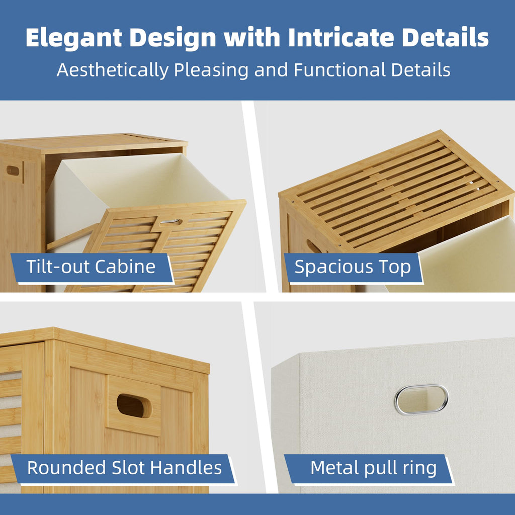 Tilt Out Laundry Hamper, Bamboo Laundry Cabinet with Hidden Removable Basket, Freestanding Clothes Storage organizer