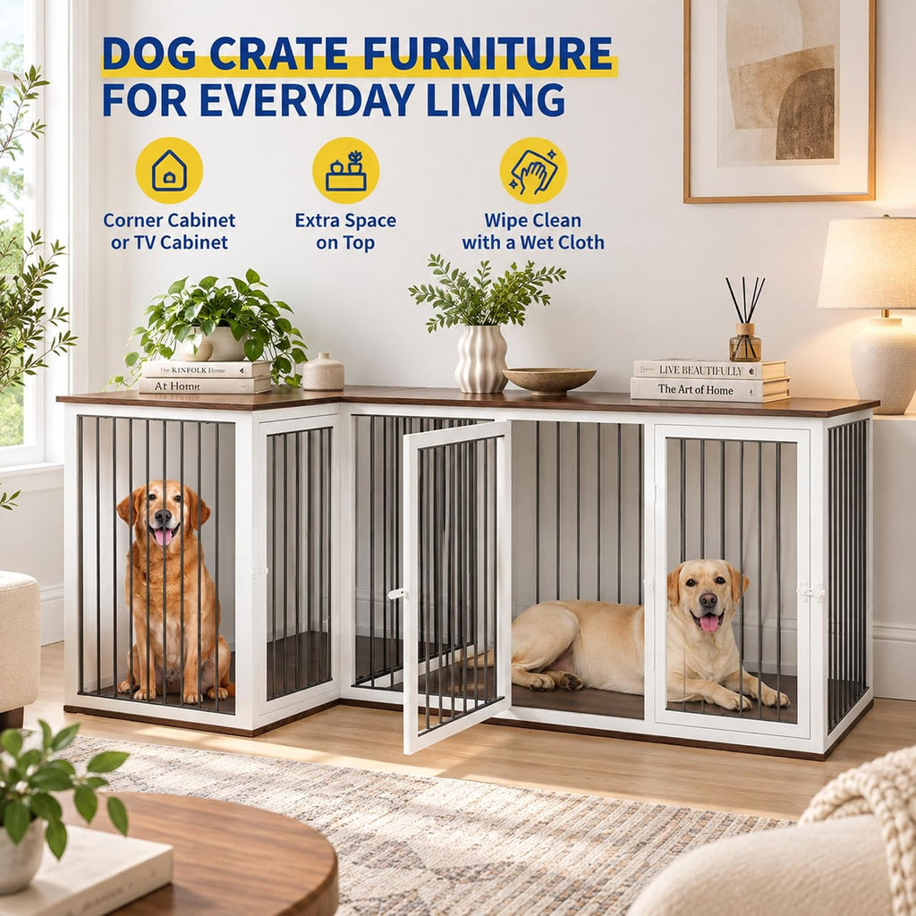 79.1-Inch L-Shaped Double Dog Crate Furniture for 2 Dogs, White