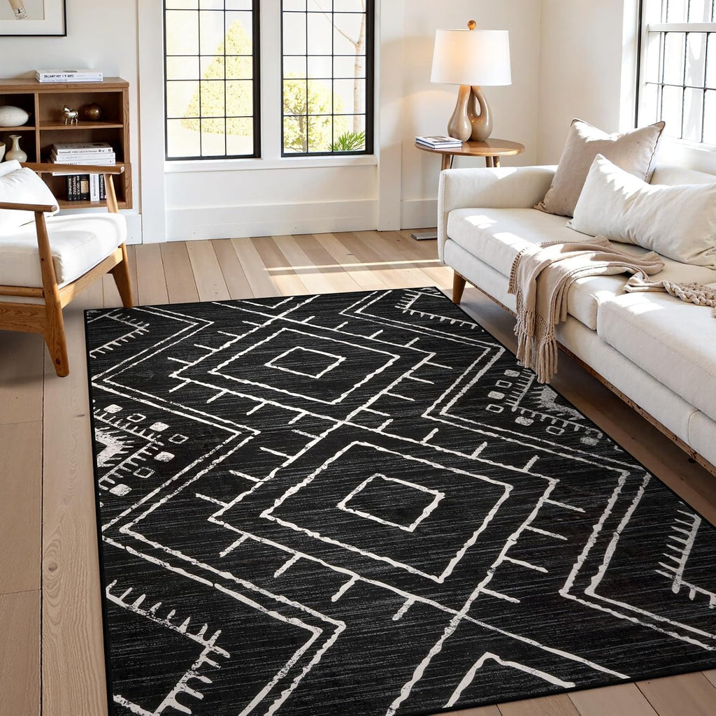 Western 5x7 Area Rug, Black Washable Rugs Bedroom, Non Slip Moroccan Tribal Rug Low Pile Modern Geometric Boho Area