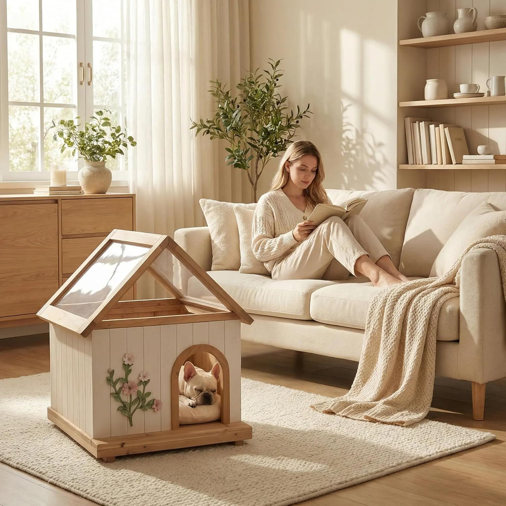 Indoor Dog House for Small Dogs, FSC Cedar Wood Dog House, Transparent Sunlit Roof, Handcrafted Flower Carvings