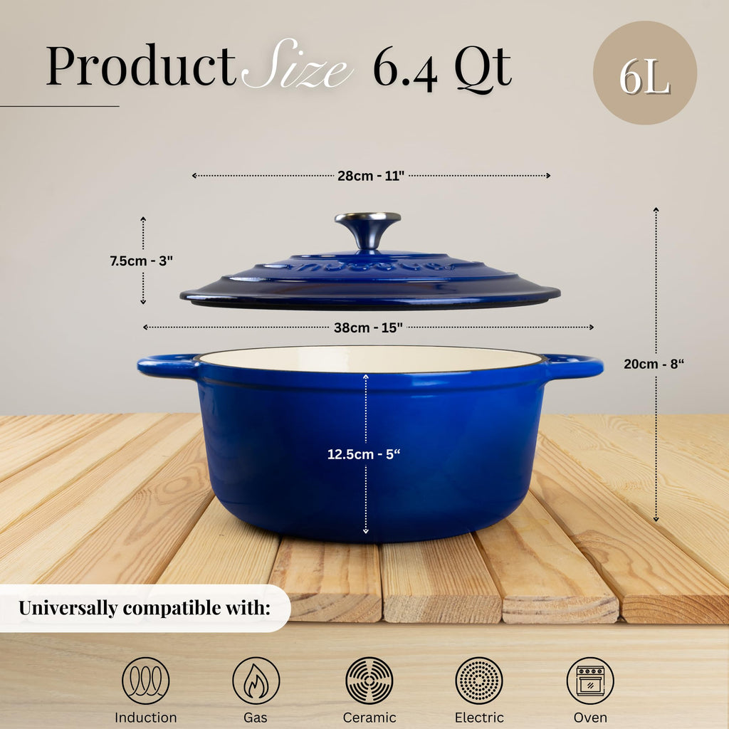 Enamelled Cast Iron Dutch Oven Pot with Lid-6.4 Quart Non Stick Casserole Pot-Heavy Duty & Oven Safe up to 500° F