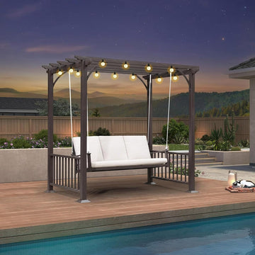 3-Seat Porch Swing with 12 Clear LED Lights Outdoor Metal Pergola Swing Hanging Cloud Swing Chair for Backyard Garden