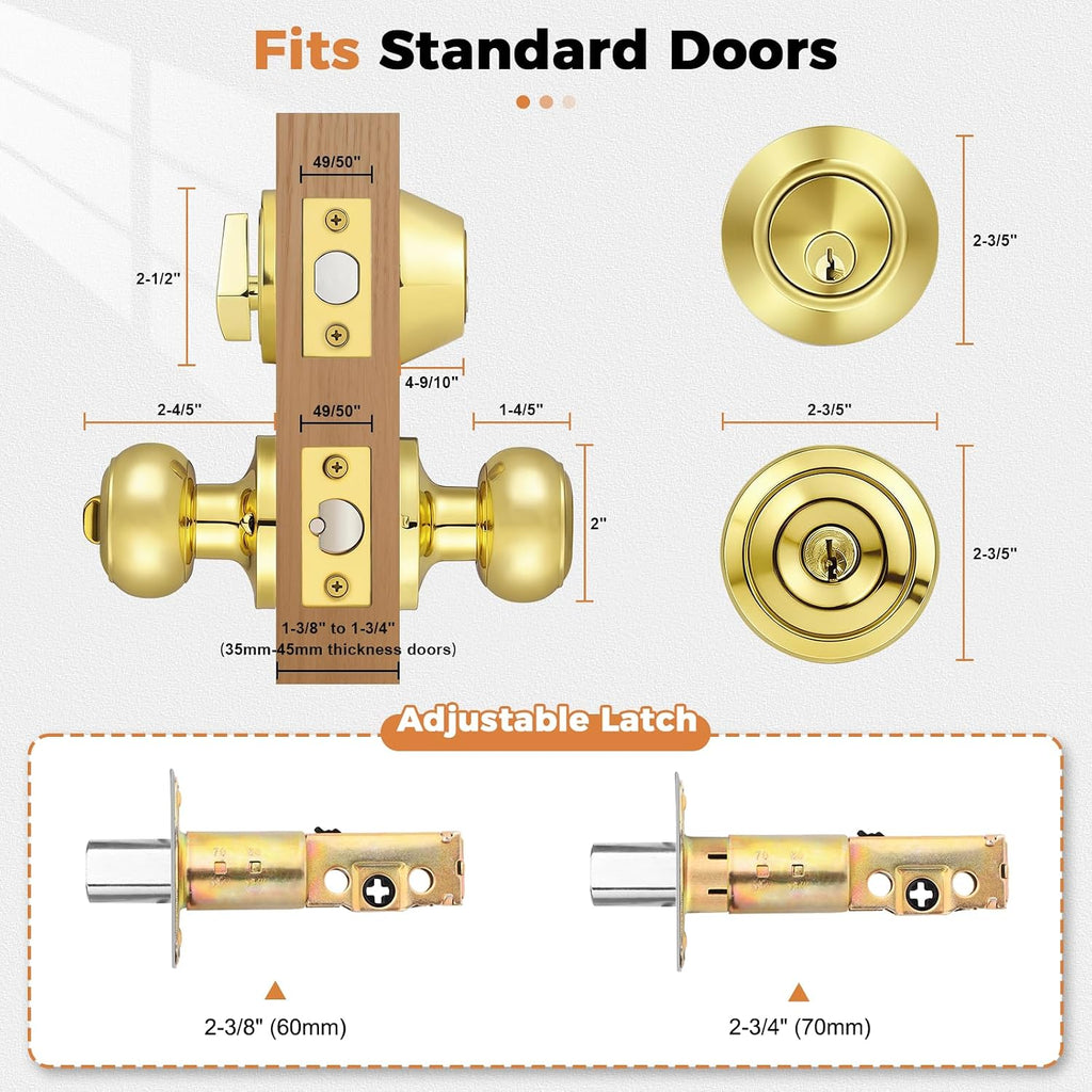 Keyed Alike Round Ball Entry Door Knob and Single Cylinder Deadbolt Set, Polished Brass, 1Pack
