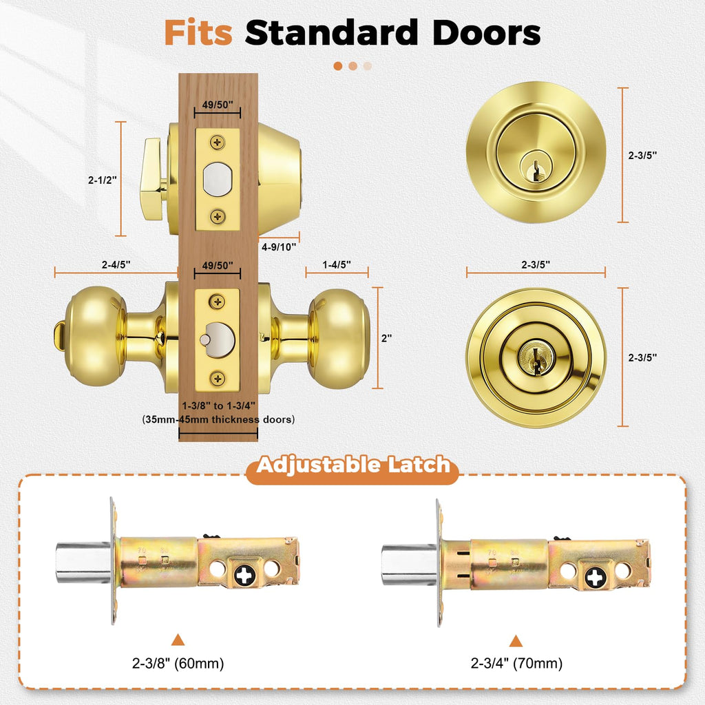 Polished Brass Keyed Entry Door Knob and Single Cylinder Deadbolt Lock Combo Set, Keyed Alike, Set of 4