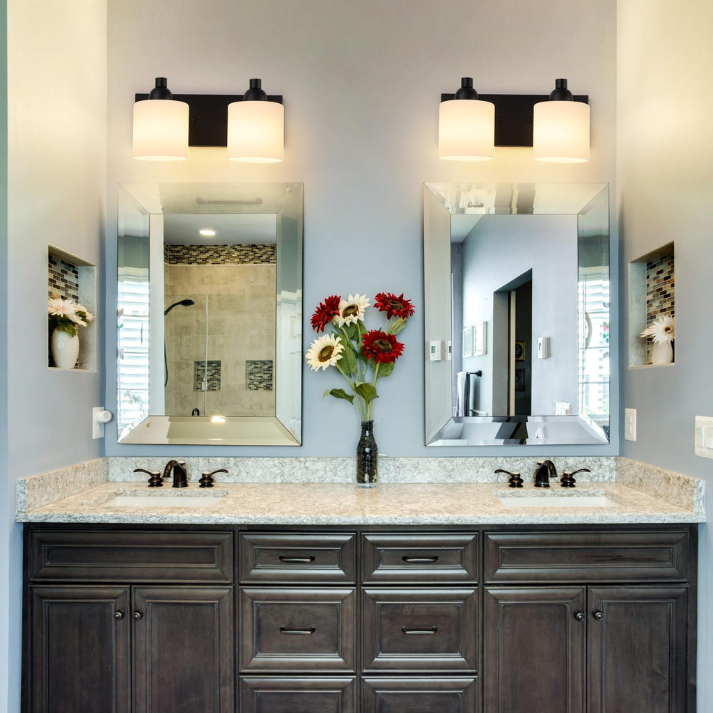 Milk Glass Vanity Lights, 2 Light Matte Black Bathroom Light Fixtures Over Mirror, Ceramic E26 Sockets Wall Mounted