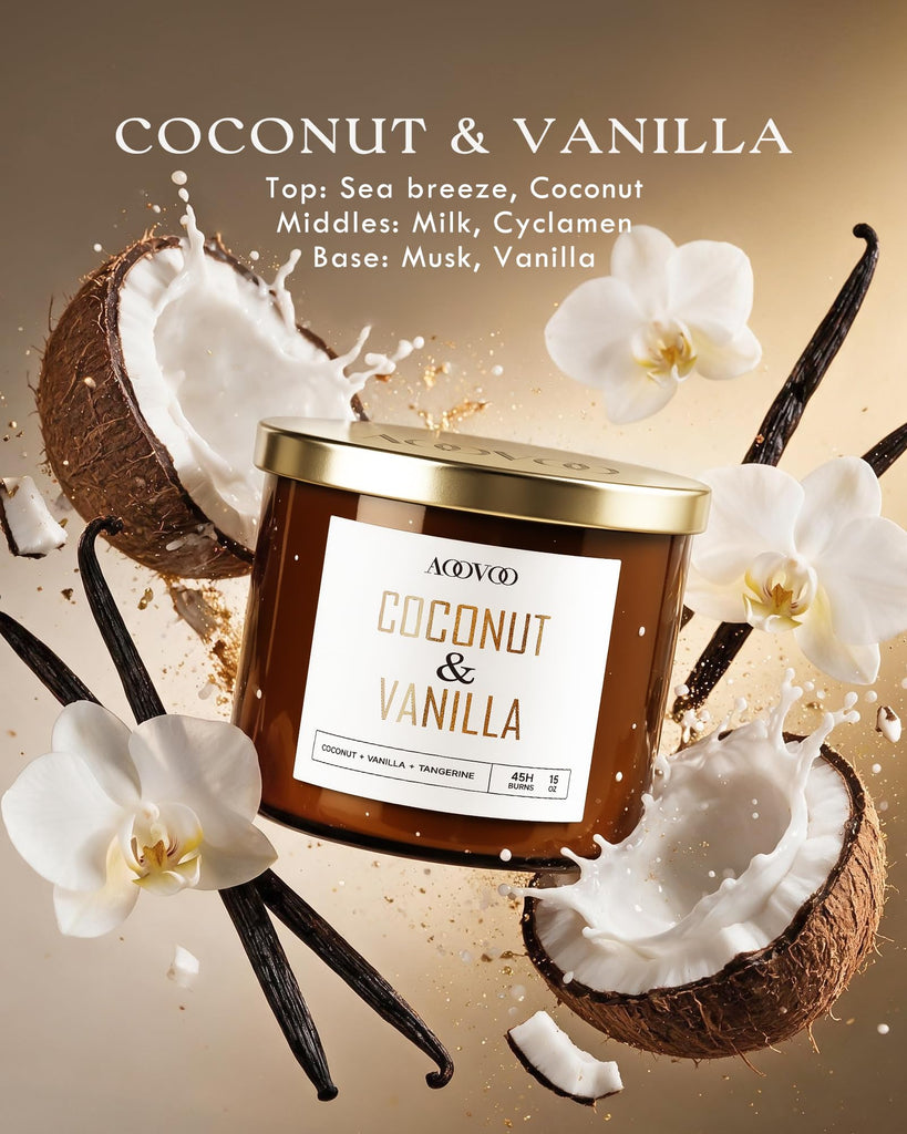 Coconut Vanilla Candles - 3 Wick Scented Candles, 15 oz, Aromatherapy Candle, Soy Candle Scented