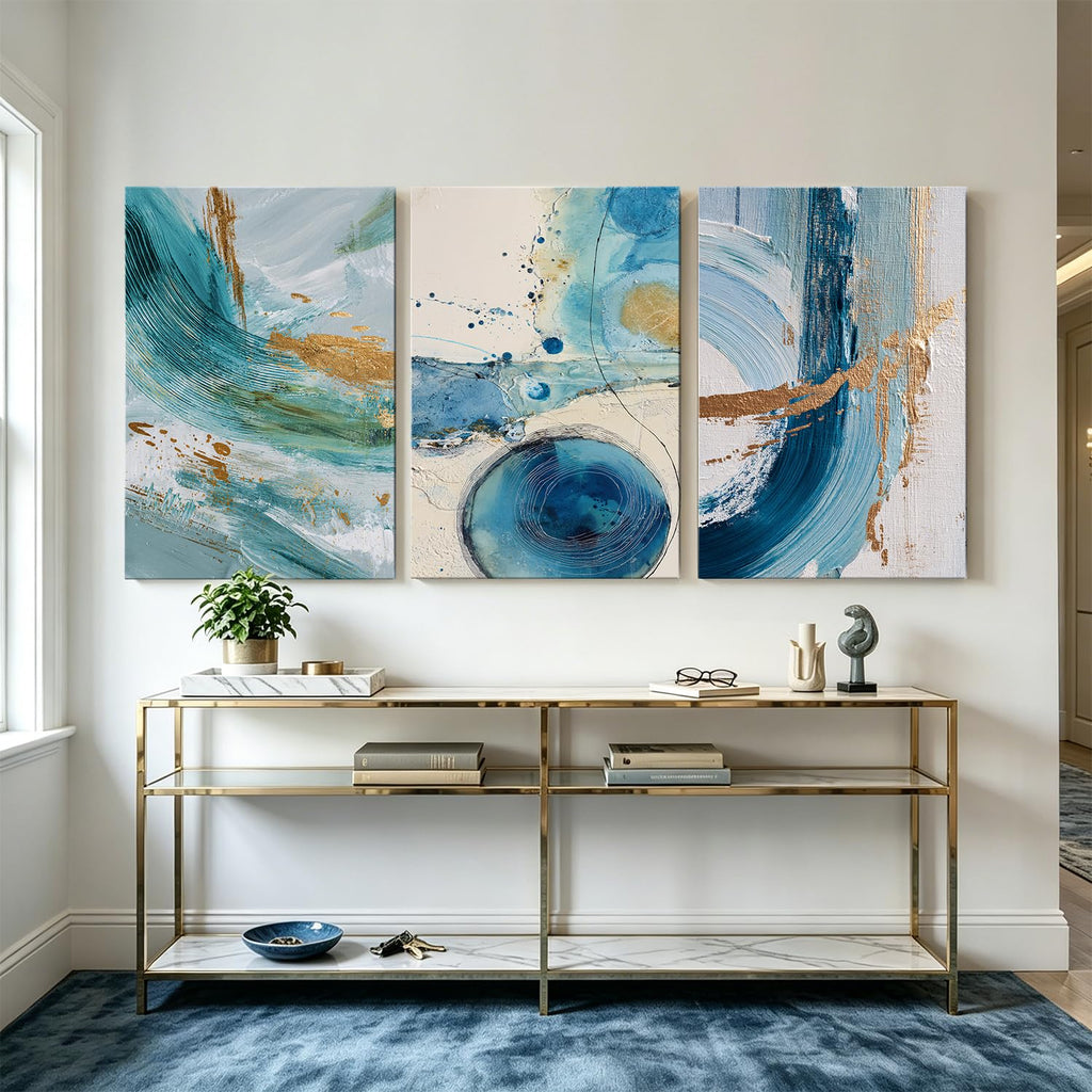 3 Piece Abstract Wall Art, Blue Teal and Gold Foil Canvas Prints, Modern Minimalist Ocean Abstract Painting, Framed
