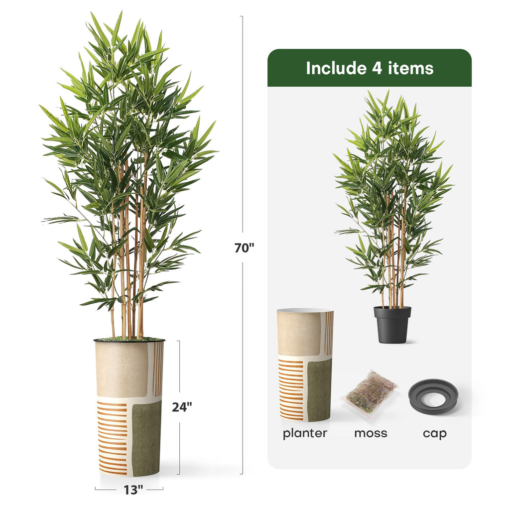 Artificial Tree in Mid-Century Green Polygon Abstract Shapes Planter, Fake Bamboo Silk Tree for Indoor and Outdoor