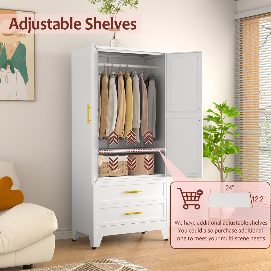 Metal Armoire Wardrobe Closet with 2 Drawers, 71" Wardrobe Cabinet with Adjustable Shelves and Hanging Rod, Clothing