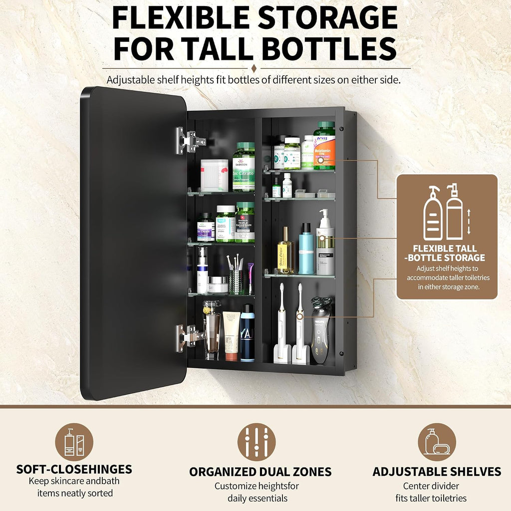 16x24 Black Medicine Cabinet with Mirror, Recessed & Surface Mount | Bathroom mirror with storage: 6 adjustable