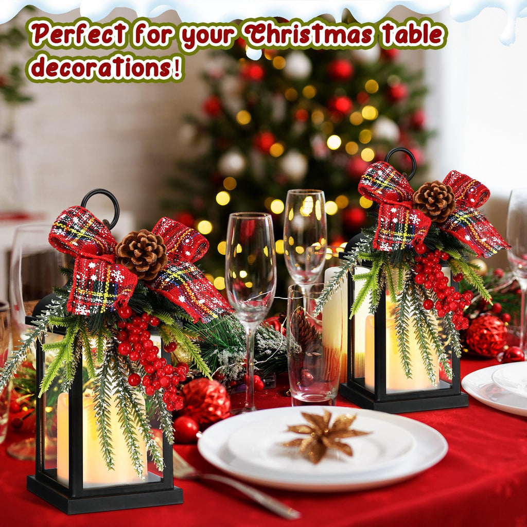 6 Pcs Christmas Decorative Lantern 10 Inch Candle Lanterns with Flickering LED Flameless Candle Plaid Bow Berry